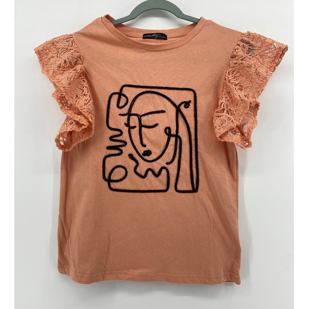 Ontwelfth Peach Abstract Face Embroidered Lace Flutter Sleeve Top Small